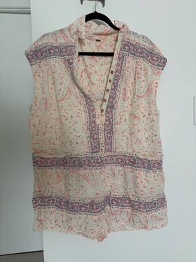 Free People Cream Paisley Button-Front Sleeveless Top with Pink and Blue Accents